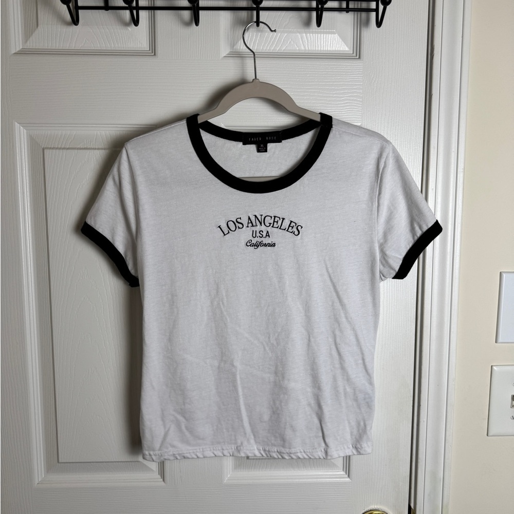 Plus Size Faded Rose White and Black Ringer Tee